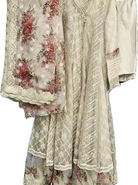 Maria B Embroidered Cream & Floral Chiffon Three-Piece Set